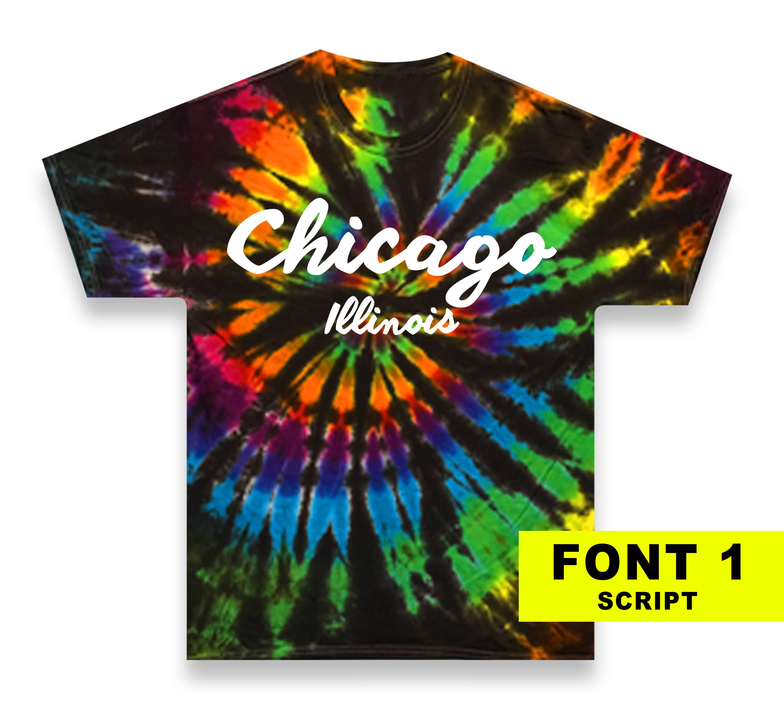 Eye-Dye – Großhandel T-Shirt mit Siebdruck – Unisex – Kundenspezifischer Name Drop Black Rainbow Spiral Tie-Dye0