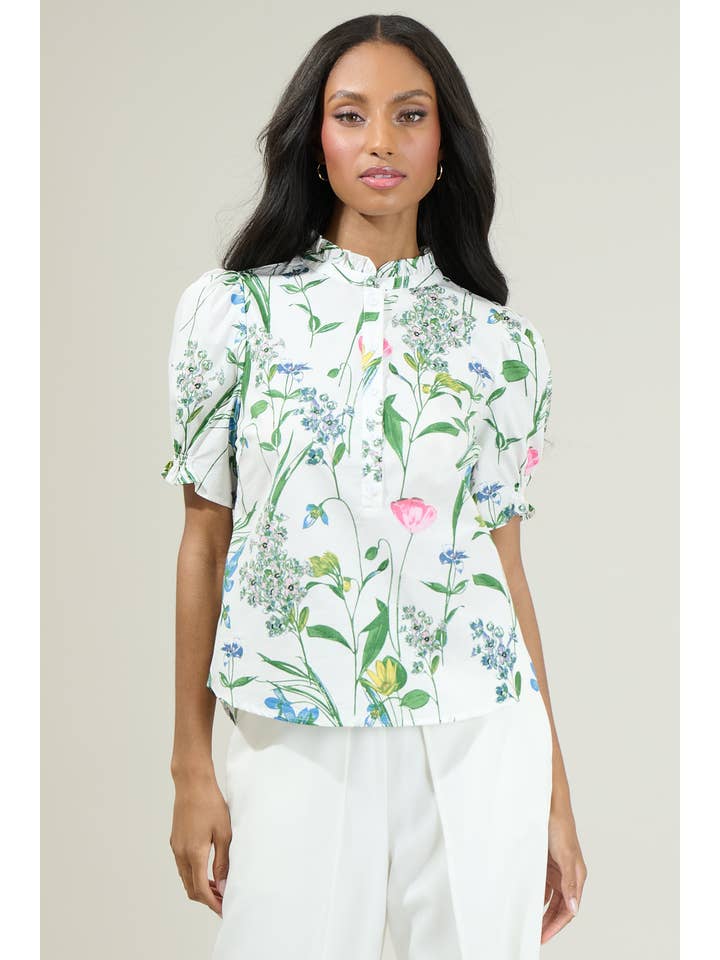 WHT PINK GREEN Clove Garden Floral Puff Sleeve Top for wholesale on Faire