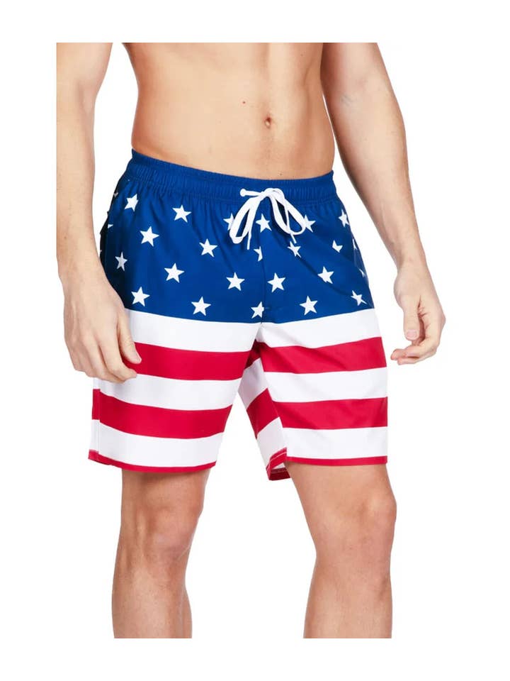 Tipsy Elves - Wholesale Swim Shorts - Men's - American Flag Stretch Swim Trunks - Men's USA Bathing Suit