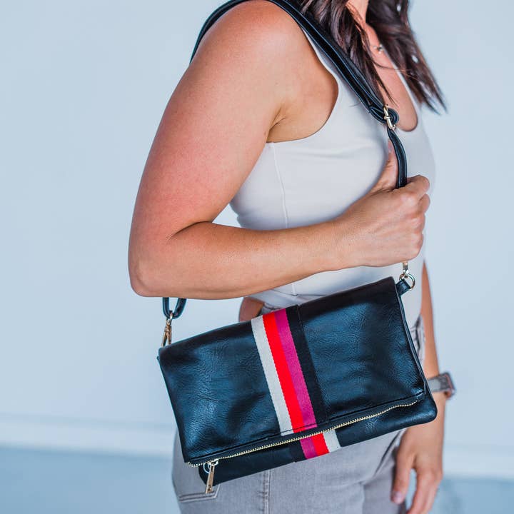 Aspen Lane - Wholesale Crossbody Bag - Women's - Black Multi Stripe crossbody/bum fanny bag / clutch w/ strap