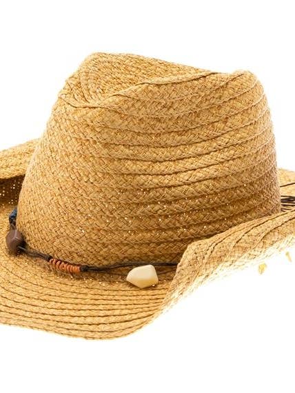 Straw cowboy hat trimmed w/a colorful string of stone bead for wholesale by Love and Thyme