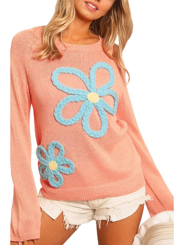 LT CORAL AQUA Flower Patches Lightweight Sweater for wholesale on Faire