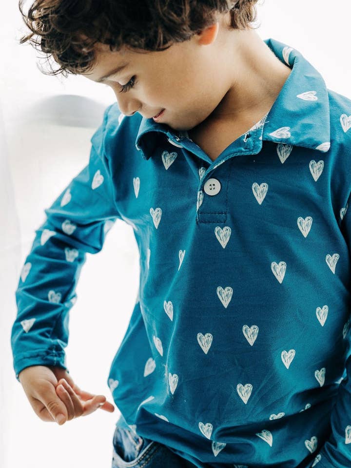 Boys Valentine's Polo Shirt - Navy Sketch Hearts for wholesale by Sugar Bee Clothing
