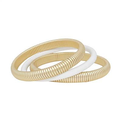 What's Hot - Wholesale Bangle Bracelet - Matte Gold Ribbed Textured & White Rubber Coated Bracelets