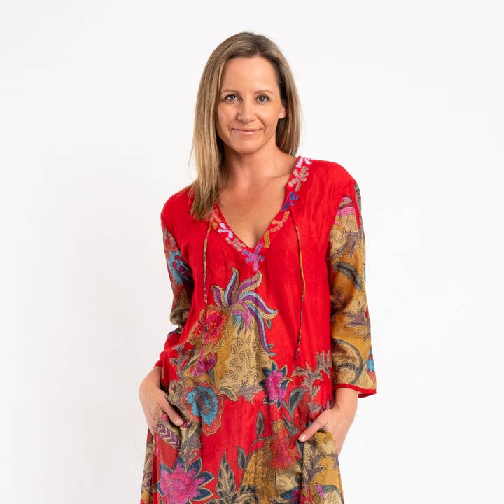 Embroidered Knee-Length Kurta In Red Floral and other Purchase Wholesale indian kurtis. Free Returns & Net 60 Terms on Faire trending on Faire.