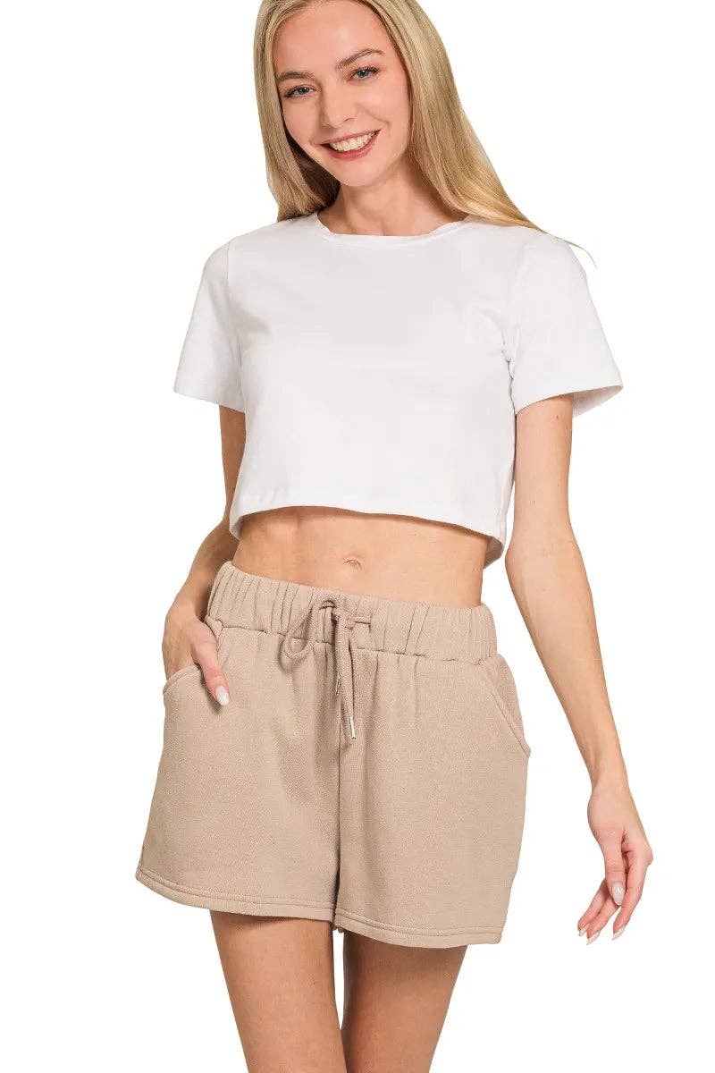 ASH MOCHA Zenana Fleece Long Sleeve Sweatshirts & Shorts Set for wholesale on Faire4