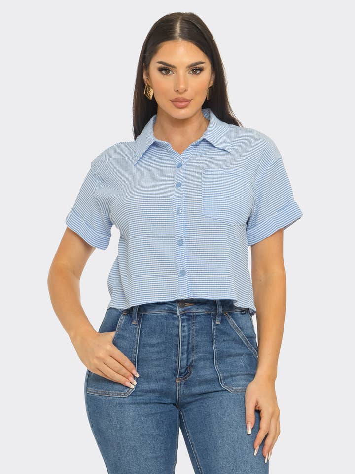 Stripe Front Functional Button Down Shirts Top for wholesale by Julia by LoveJ