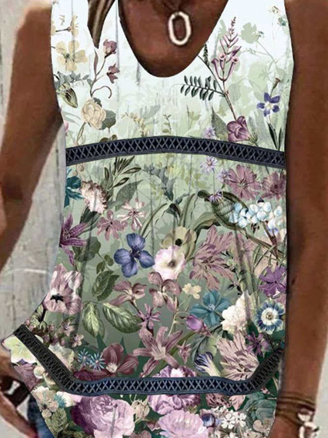 UNISHE - Wholesale Tank Top - Women's - Printed V Neck Lace Splicing Tank Top ZZKF8903