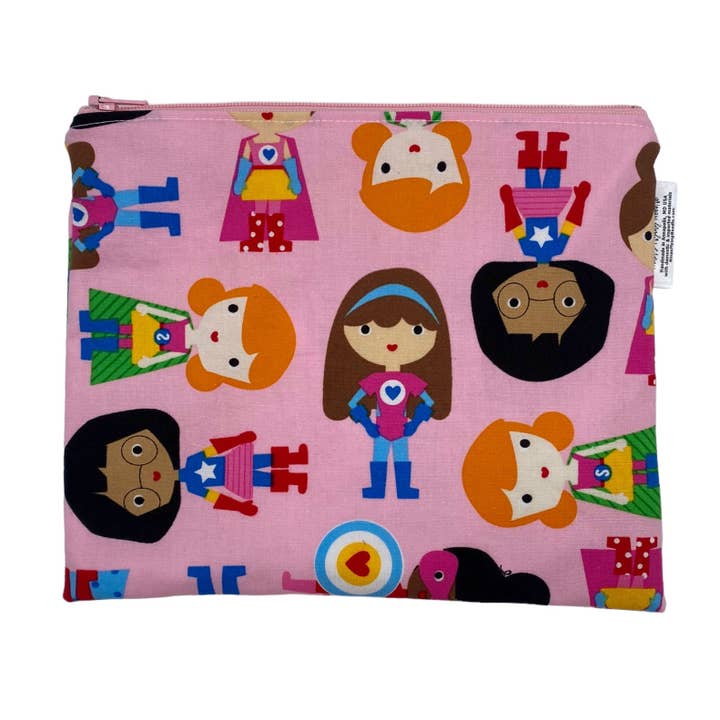 Sandwich Sized Reusable Zippered Bag Superheroes on Pink for wholesale by Nina's Flying Needle