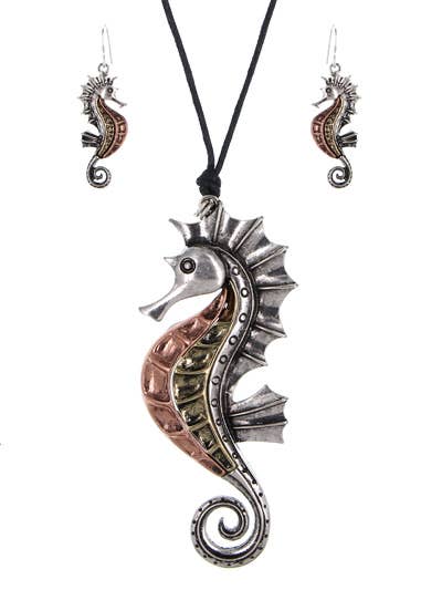 0011 PREMIERE – Großhandel Schmucksets – FR6397 Copper_Brass_Silver Seahorse 32-Zoll-Kordelanhänger-Set1