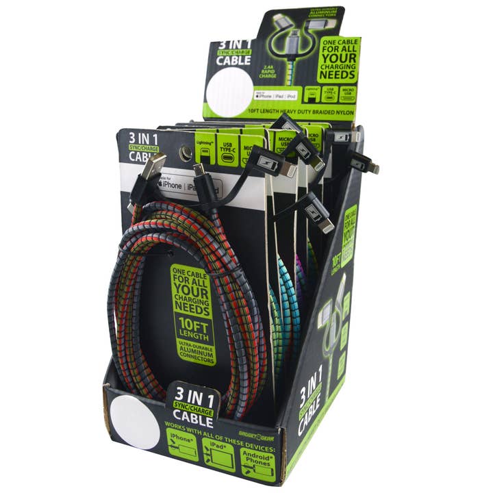 Gadget Gear 3-in-1 10FT Charging Cable Variety - 6/Display for wholesale by Novelty Brands
