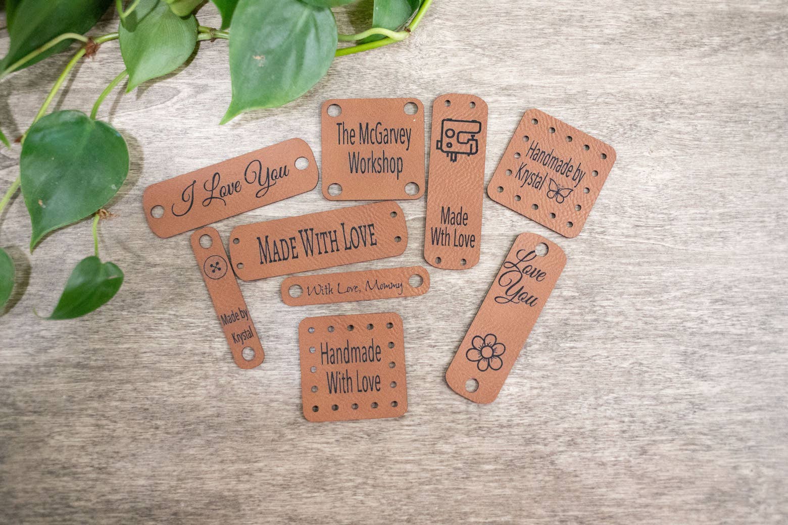 The McGarvey Workshop - Wholesale Knitting/Crochet Supplies - Custom Faux Leather Tags for Knitting and Crochet, Personalized Labels for Handmade Items, No Sew Logo, 2.5" x 0.5"7
