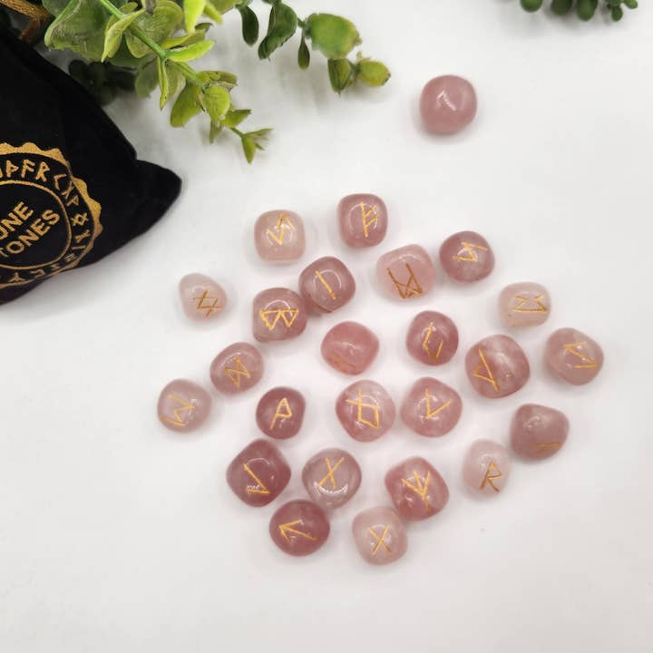 Meraki Gemstones - Wholesale Spiritual Stone/Crystal - Rose Quartz Semi-Precious Gemstone Rune Sets & Velvet Pouch