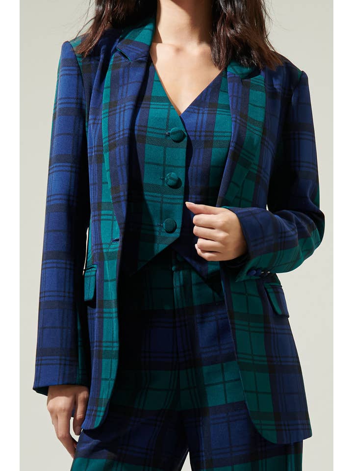 NAVY GREEN MULTI Hudson Plaid Suave Fitted Notch Lapel Blazer for wholesale on Faire