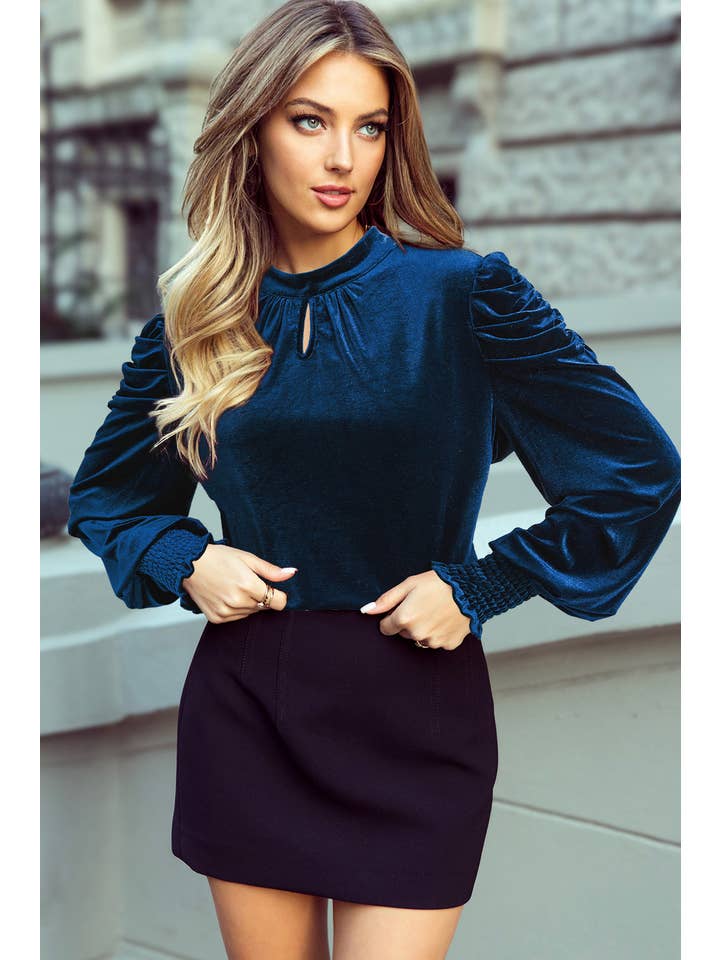 1 the Woman - Wholesale Blouse - Women's - Mock Neck Puff Sleeve Velvet Blouse