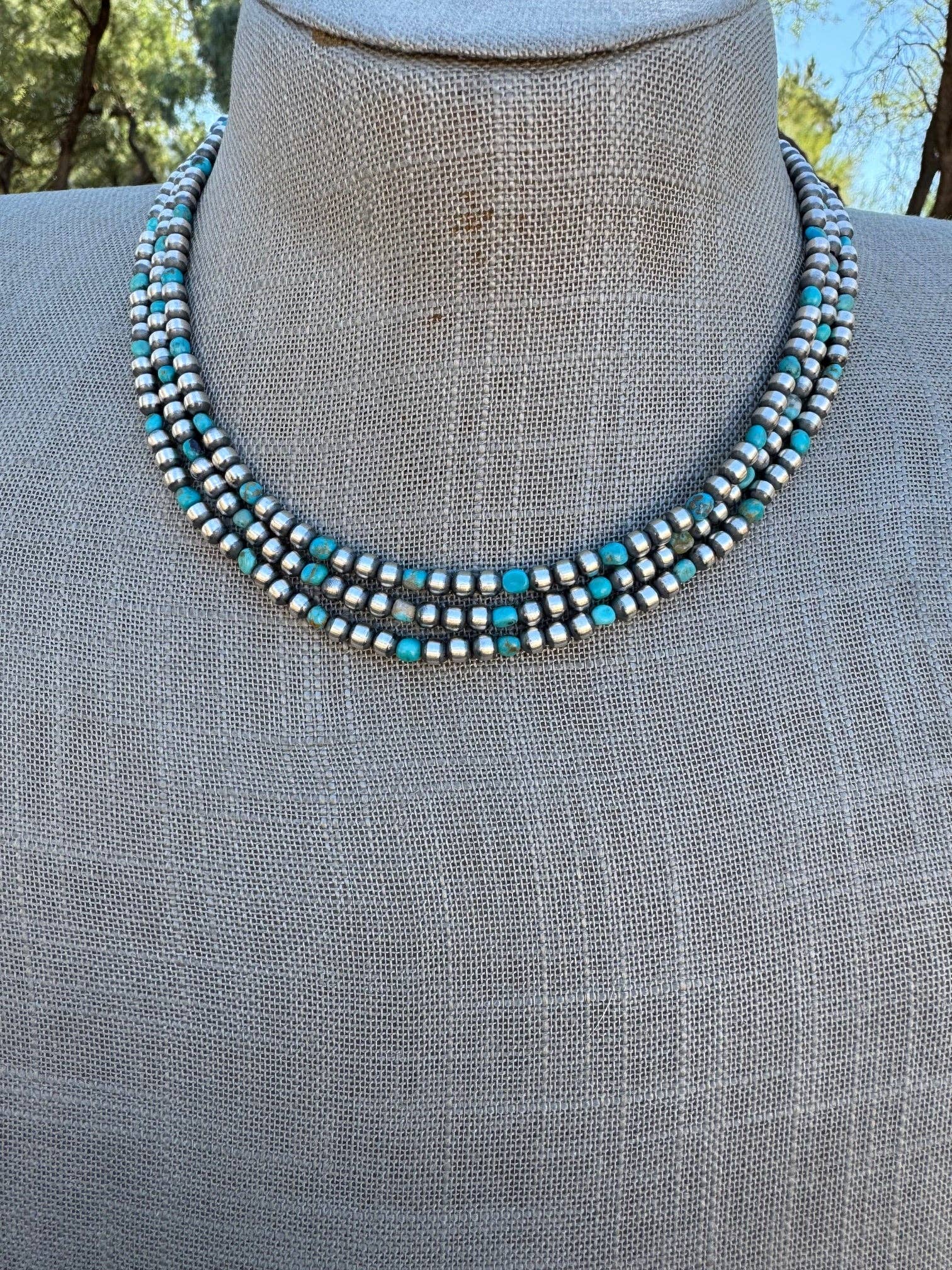 Nizhonitradersllc - Vente Collier de perles - Collier en perles de turquoise Kingman et argent sterling 4 mm fait main 16"3