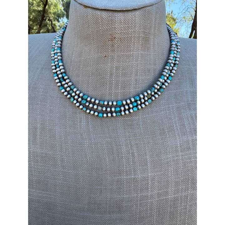 Nizhonitradersllc - Vente Collier de perles - Collier en perles de turquoise Kingman et argent sterling 4 mm fait main 16"3