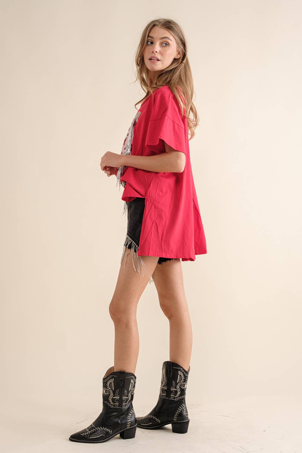 Blue B - Wholesale T-Shirt - Women's - 32487T - Cotton Sequin Western Boot Fringe Loose Side Tee23