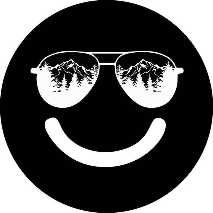 Sunglasses In The Mountains Smiley Face Black Spare Tire Cover for wholesale by Dirty Acres