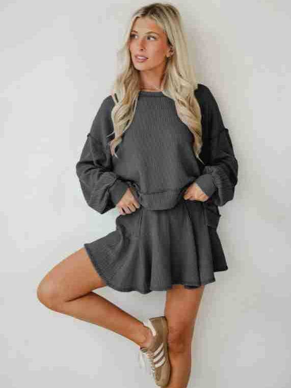 Marayn - Wholesale Top & Skirt Set - Women's - Autumn Ribbed Set Lantern Sleeve Top Pleated Skirt6