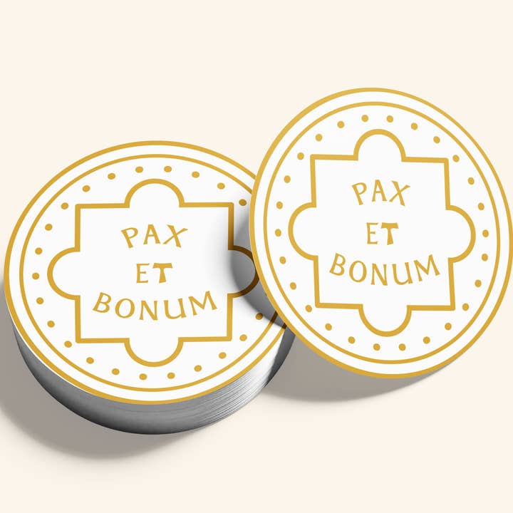 Pax et Bonum Eco-Safe Sticker - Gold for wholesale by Recetas PSD, LLC