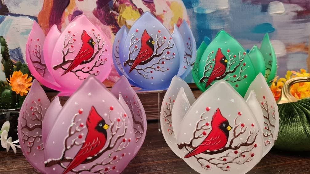 Glass by Iness - Wholesale Candle Holder - Frosted Glass Lotus Blossom Candle Holder - Red Cardinals4
