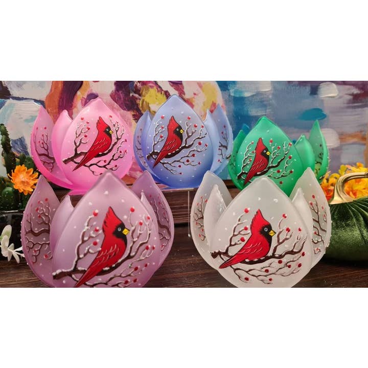 Glass by Iness - Wholesale Candle Holder - Frosted Glass Lotus Blossom Candle Holder - Red Cardinals4