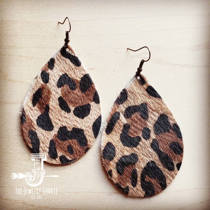 **Leather Teardrop Earrings in Leopard Print Hair on Hide 216n for wholesale by The Jewelry Junkie