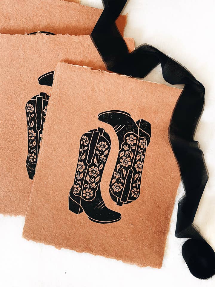 8x10 Cowboy-Stiefel Blumenblockdruck handgeschöpftes Papier Western für den Großhandel von Flora West Design