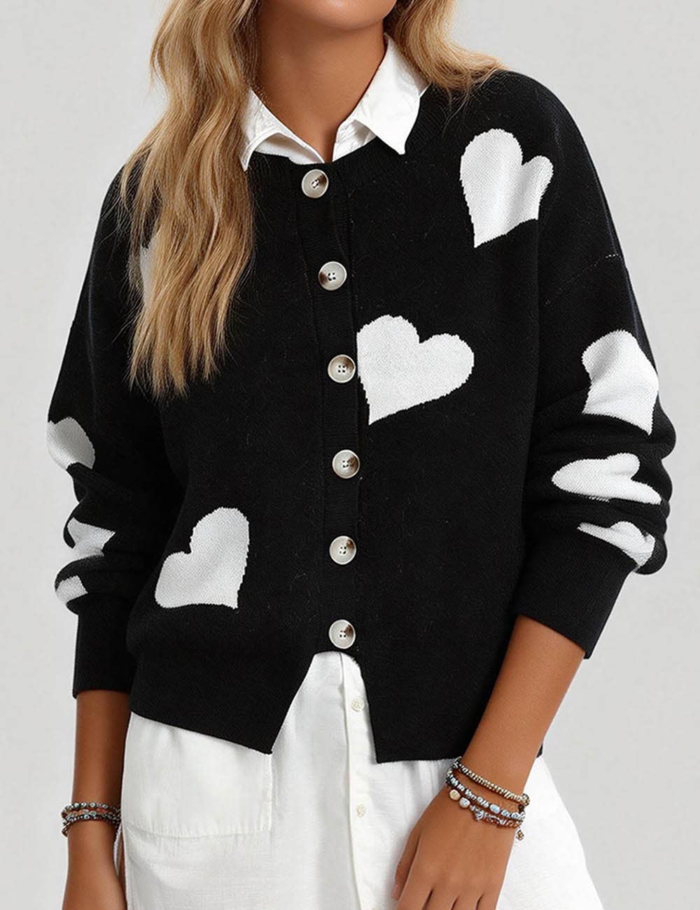 Sweetkama – Cardigan - Mulher por atacado – Cardigan feminino com coração e botões, gola redonda, modelo 23680