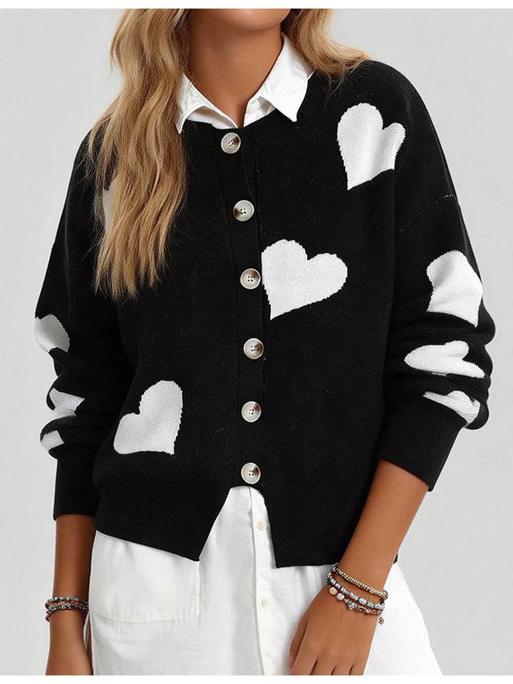 Sweetkama – Cardigan - Mulher por atacado – Cardigan feminino com coração e botões, gola redonda, modelo 2368