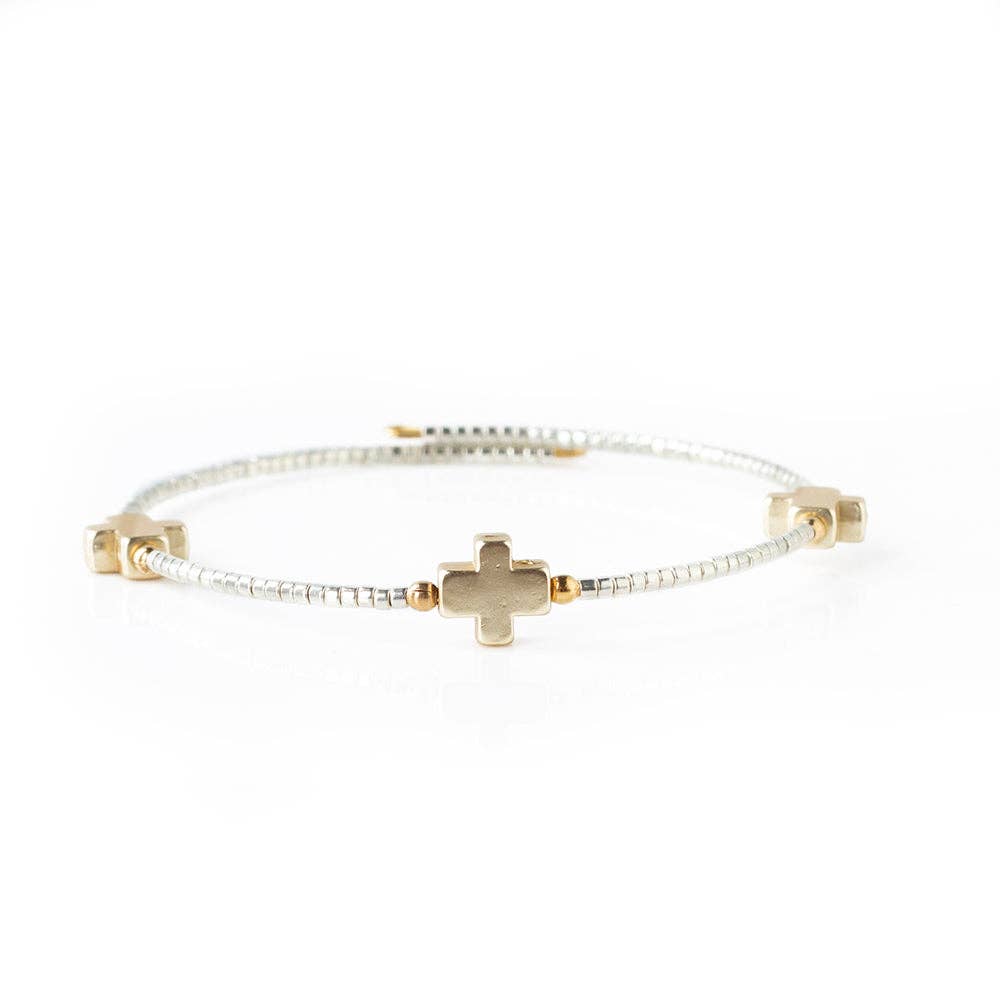 Lenny & Eva – wholesale Bangle bracelet – Faithful Beaded Cross Bangle w/ Matte Gold Crosses-Silver4