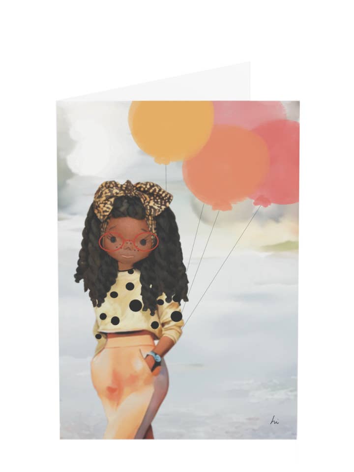 Maddy w/ Balloons - HarperIman Greeting Card for wholesale by HarperIman and Co.