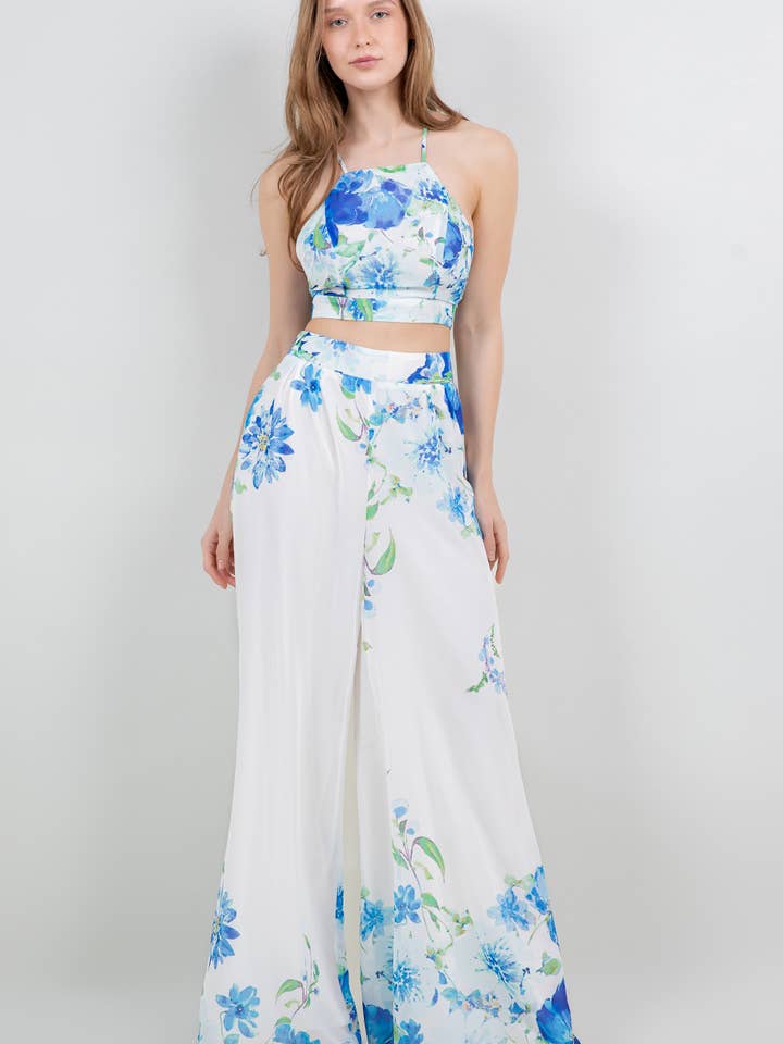 Conjunto de Top Curto com Laço nas Costas e Calças de Perna Larga SM5849 por atacado de Miss Avenue