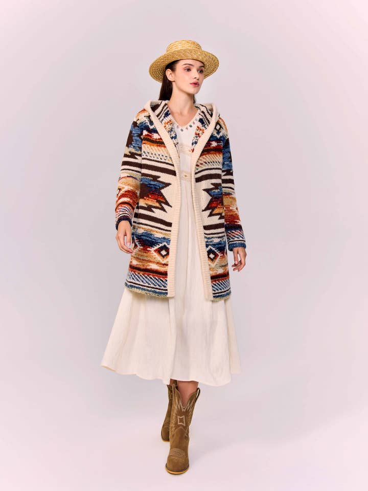 Cardigan ouvert à capuche style aztèque multicolore pour femmes pour la vente par Kamana