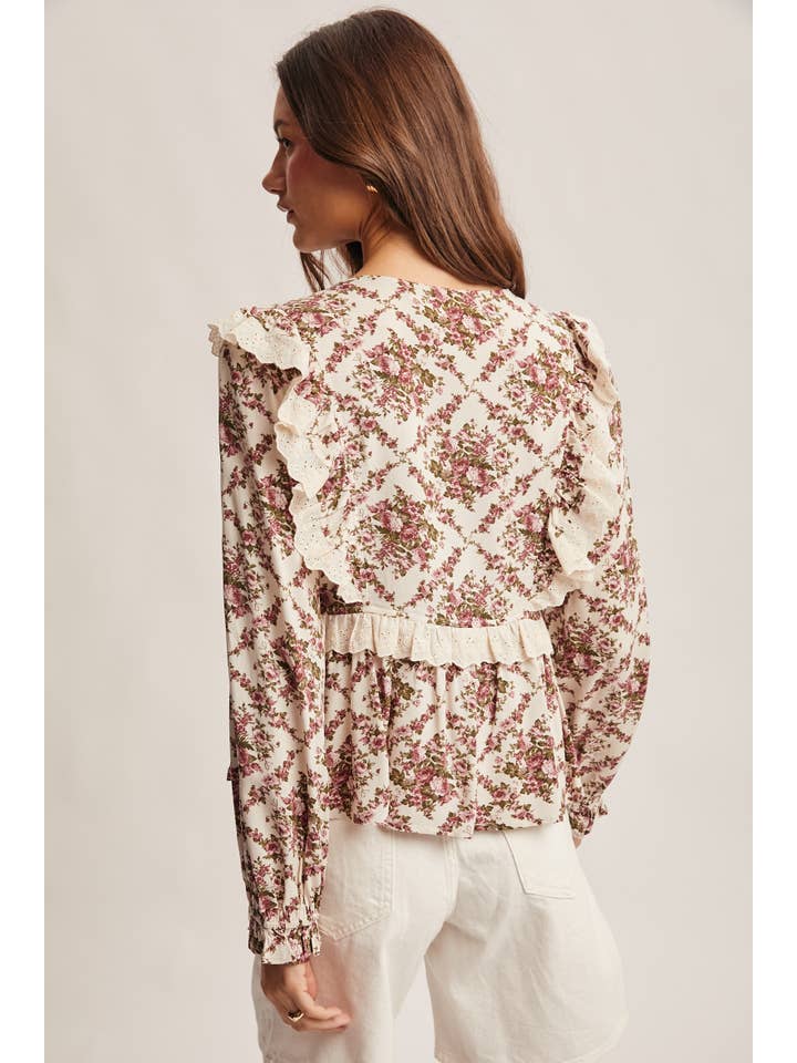Forte - Wholesale Blouse – Women’s - Eyelet Ruffle Floral Peplum Blouse FT00127