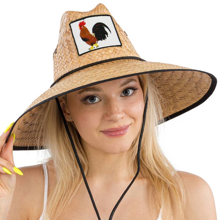 Cap Zone - Wholesale Straw Hat - Unisex - Rooster El Gallo Patch Eyelet Straw Lifeguard Hat