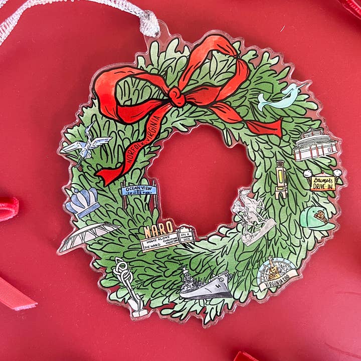 Thirteenwinks – wholesale Ornament – Norfolk, Virginia VA Christmas Wreath Acrylic Ornament 4in0