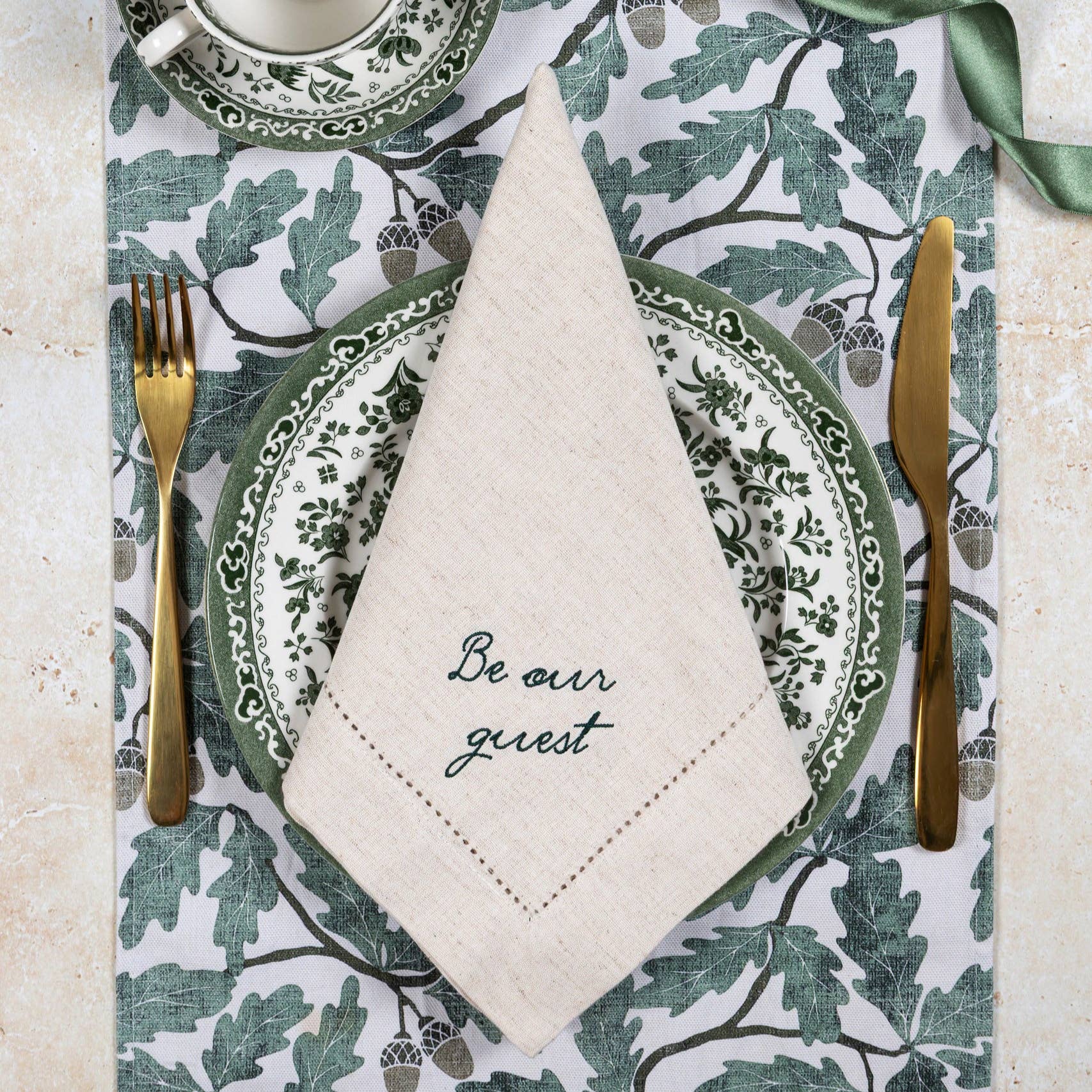 Pintail Candles | Avalon Home – wholesale Dinner & cloth napkin – Be Our Guest Linen Napkins Green | Embroidered Napkins2