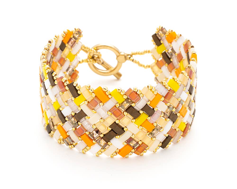 Bijoux 7bis - Vente Bracelet de perles - Bracelet acier manchette tissage de perles TILA fermoir en T3