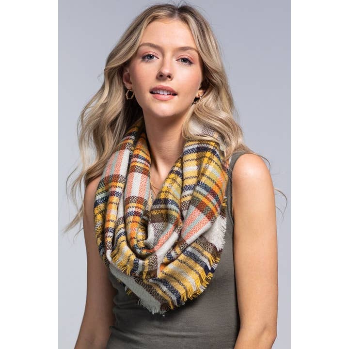 MUSTARD Classic Woven Plaid Infinity Scarf for wholesale on Faire