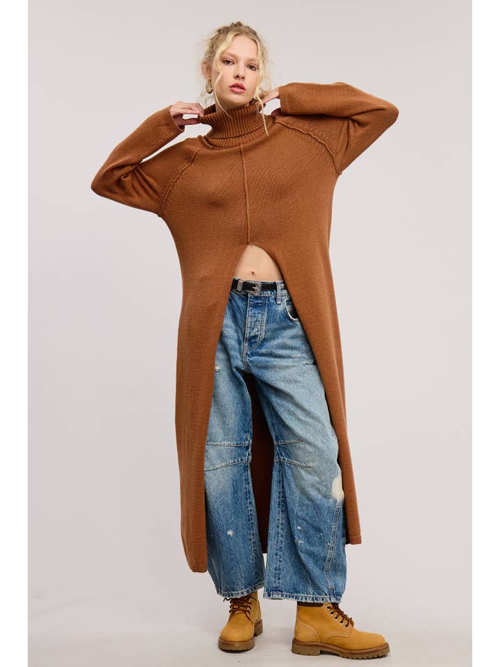 Mimosa - Wholesale Dress - Women's - Seam Detail Turtleneck Tunic Sweater Dress with Slit