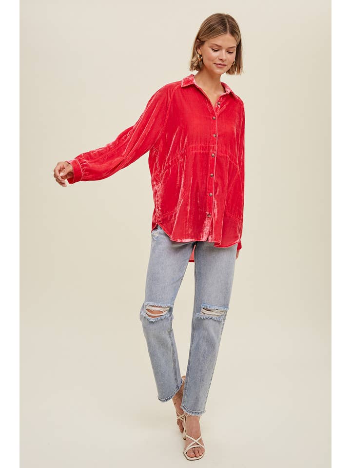 Wishlist Apparel - Wholesale Button Down Shirt - Women's - OVERSIZED CRUSHED VELVET SHIRT WITH SIDE POCKETS / WL22-6766