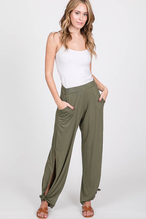 7th Ray - Wholesale Pants - Women's - Solid Elastic Waist Side Slit Ankle Tie Pants P14624