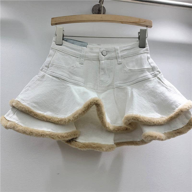 Sanyao Fashion – wholesale Skirt – Women’s – 1M260 Retro Fur-Trimmed Denim Layered Skirt for Autumn4