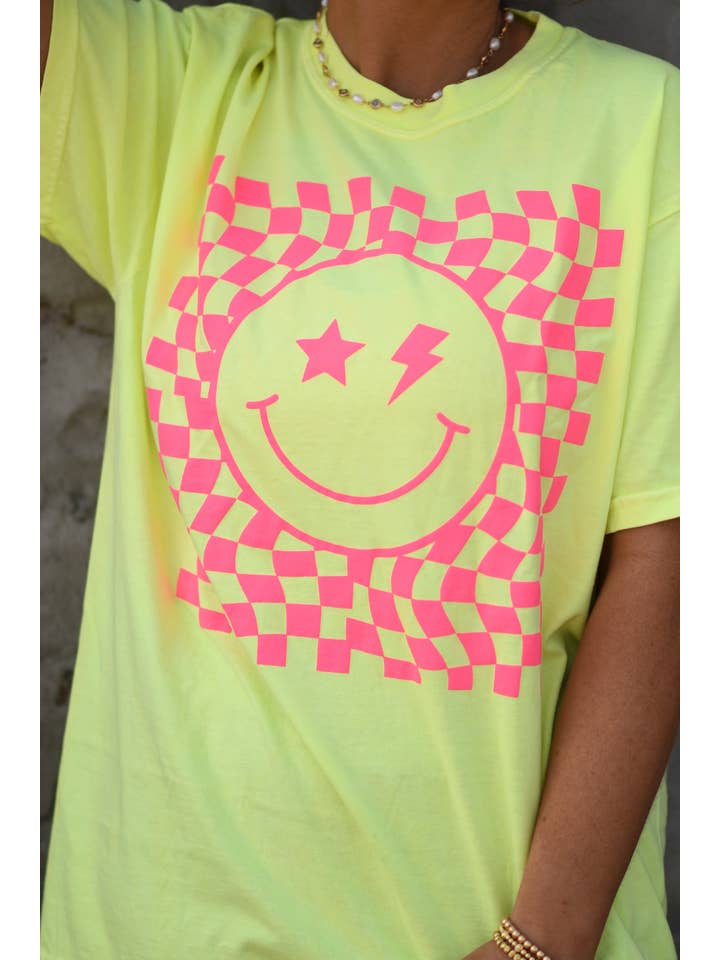 RTS Neon Yellow Checkered Smiley Tee for wholesale on Faire