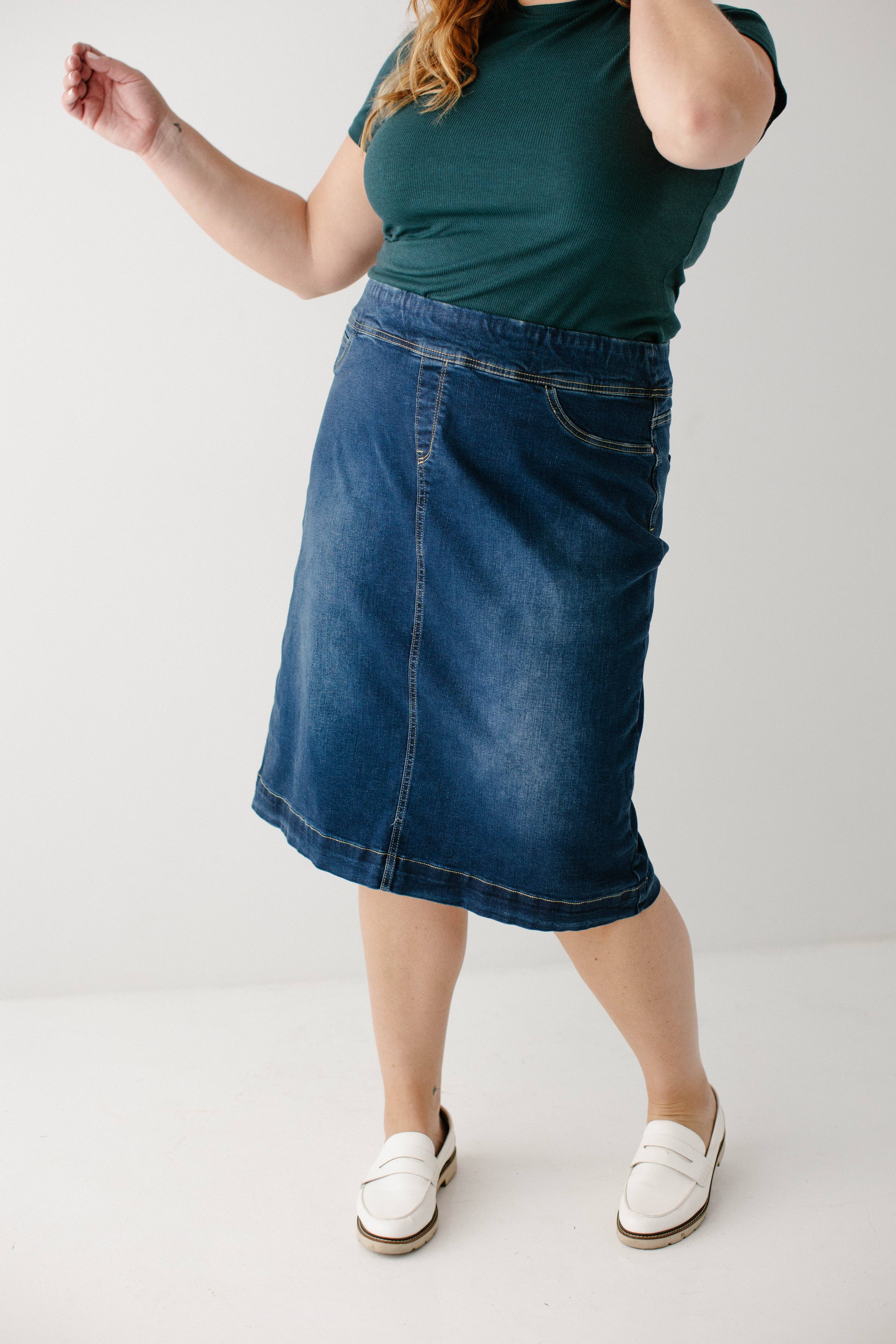 'Sara' Classic Knee Length Dark Denim Skirt for wholesale on Faire10