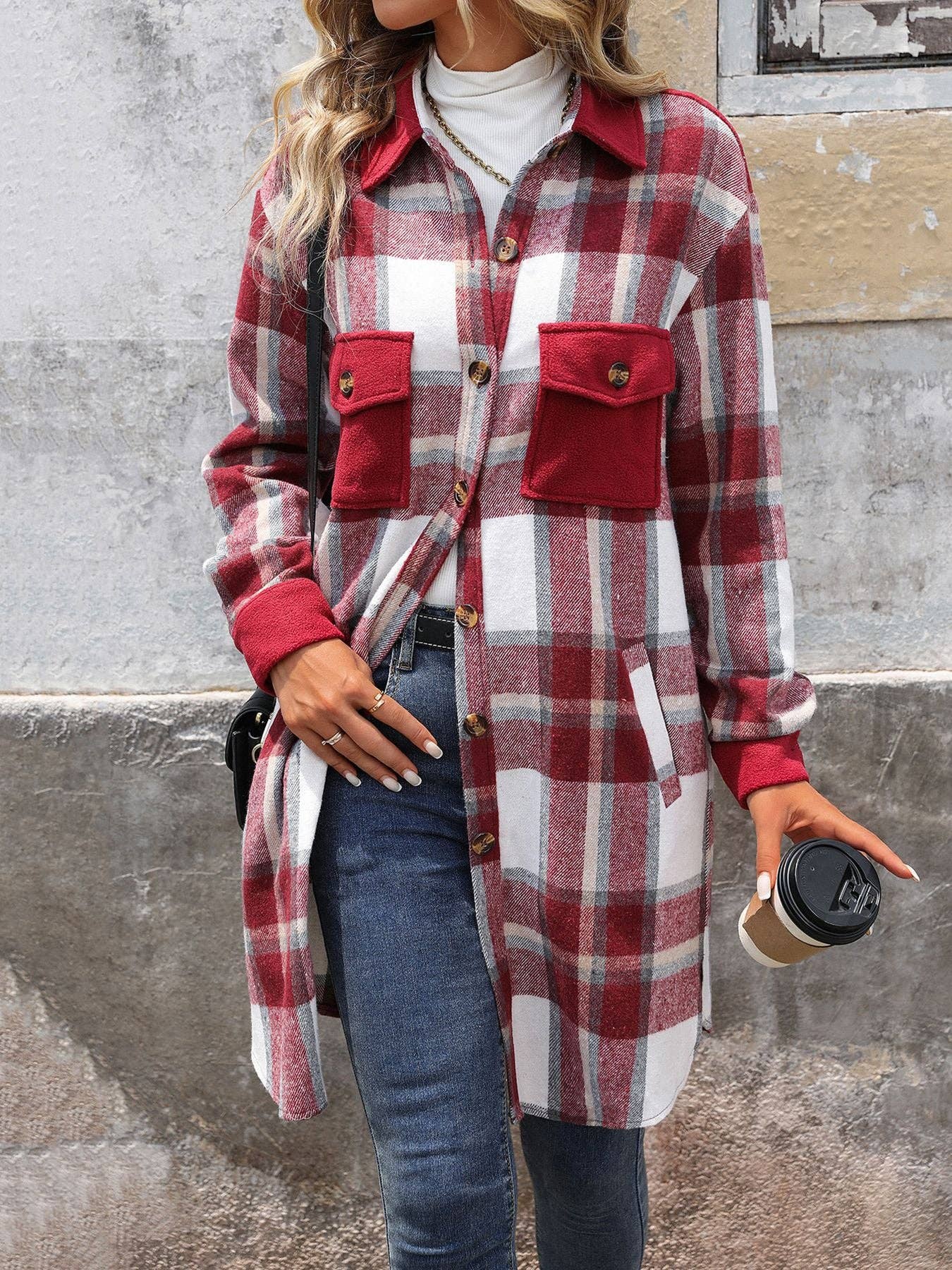 Suhkasana - Wholesale Shirt Jacket/Shacket - Women's - Plaid Shirt Jacket for Women - Long Button Front Coat8