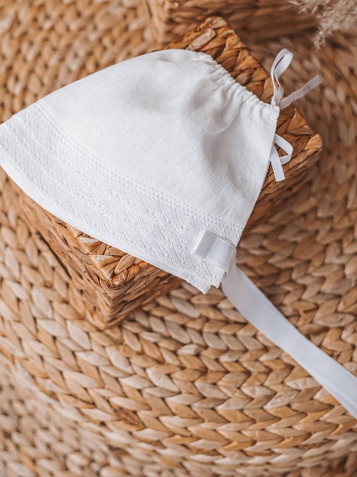 White Linen Bonnet for Girls, Baby Lace Sun Hat, Formal Newborn Adjustable Cap With Ribbon Ties, Soft Adjustable Toddler Occasion Headwear for wholesale by Matrinna