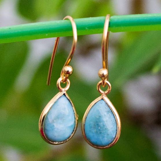 Ambra Jewels - Wholesale Hangende/ronde oorbellen - Larimar Oorbellen Verguld Larimar Sieraden, Blauwe Steen Oorbellen, AE-10390